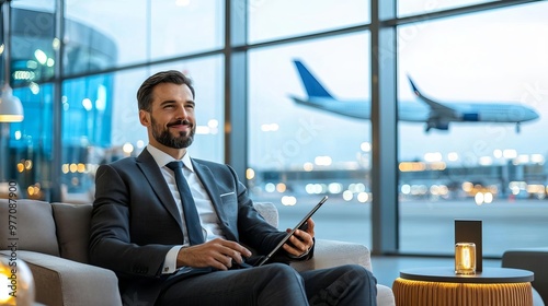 Airport lounge with a businessman in a suit relaxing on a modern sofa