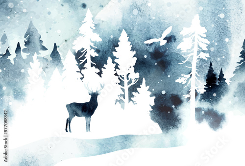 Watercolor vector snowy landscape with isolated reindeer, owl, river and forest in blue colors. Nature winter illustration. Design for christmas card, gift card, poster, banner