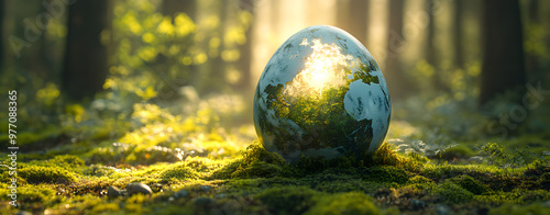 “Planet Earth as an Egg on Moss: Surreal Environmental Concept” 