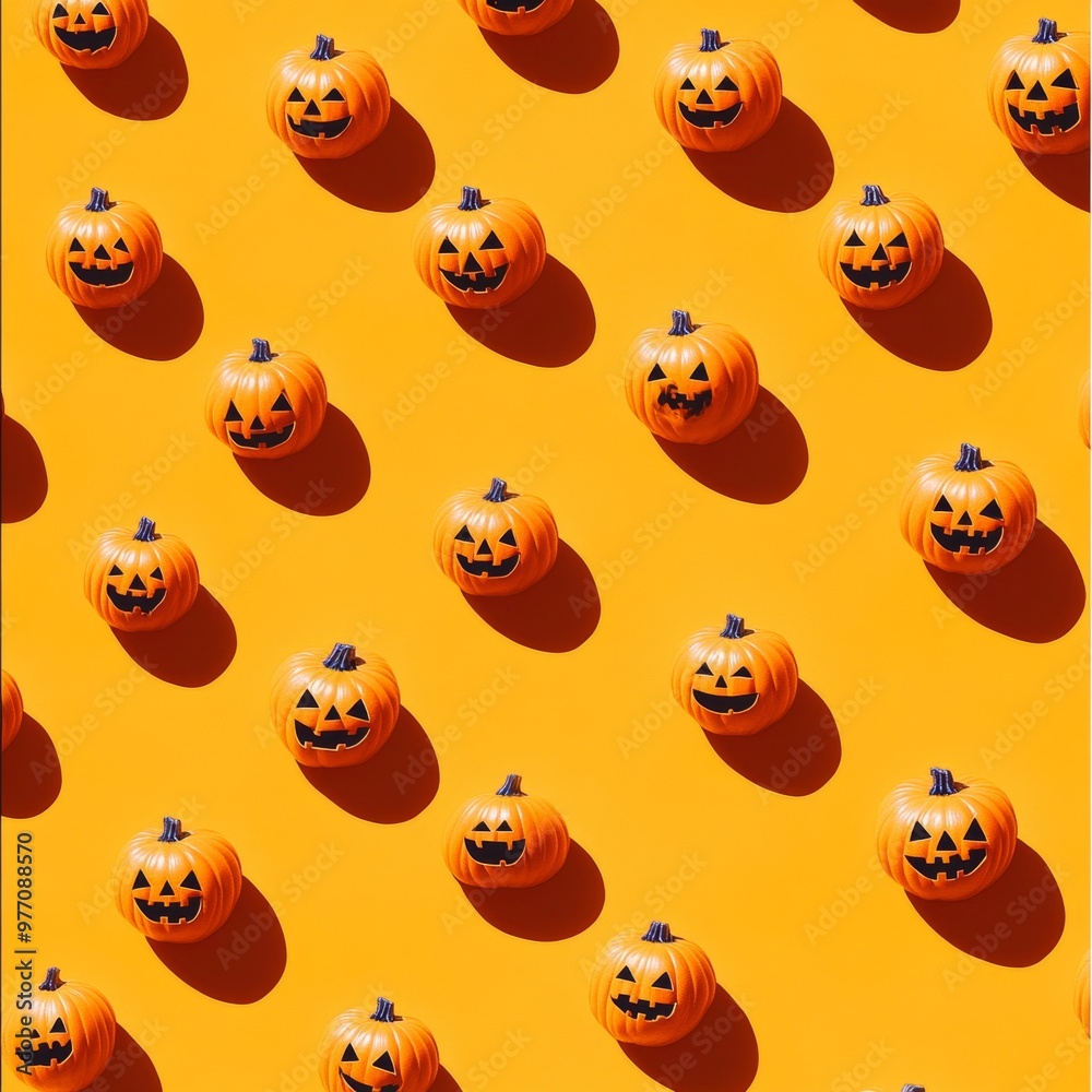 Multiple jack-o'-lanterns arranged in a repeating pattern on a vibrant orange background, casting dramatic shadows for a bold Halloween design. Multiple jack-o'-lanterns arranged in a repeating pattern on a vibrant orange background, casting dramatic shadows for a bold Halloween design.