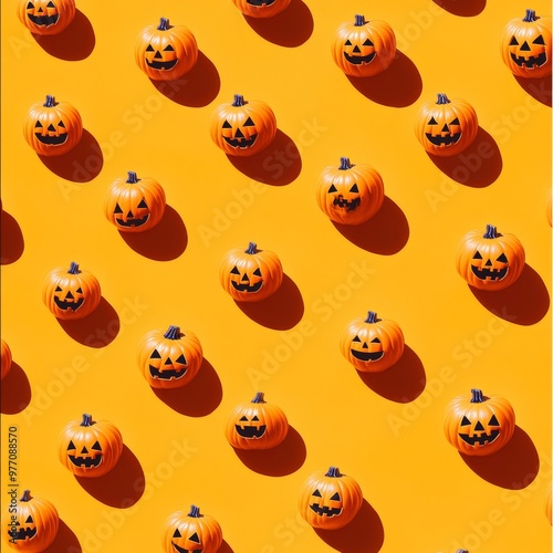 Multiple jack-o'-lanterns arranged in a repeating pattern on a vibrant orange background, casting dramatic shadows for a bold Halloween design.