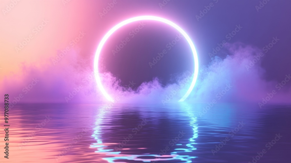 Neon circular shape enveloped in mist mirrored on water s surface Contemporary 3D design backdrop with violet blue and pink hues 2D cartoon illustration style EPS10 Neon circular shape enveloped in mist mirrored on water s surface Contemporary 3D design backdrop with violet blue and pink hues 2D cartoon illustration style EPS10