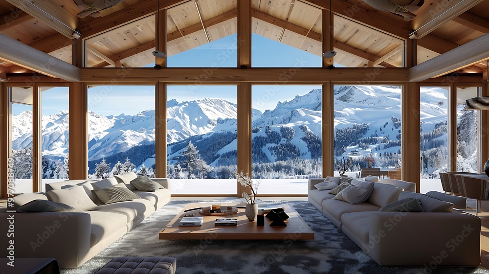 Fototapeta premium Inside an elegant hilltop chalet with a vast snowy view
