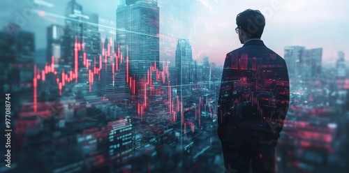 Wallpaper Mural Businessman Looking at Cityscape with Stock Market Data Torontodigital.ca