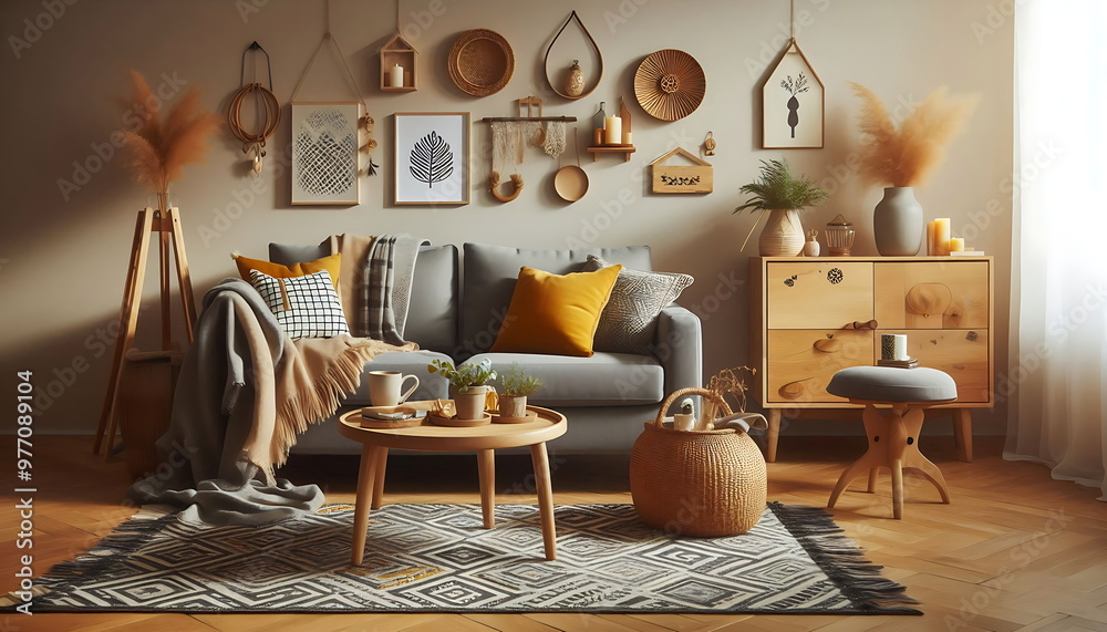 custom made wallpaper toronto digitalBeautifully Styled Living Room with a Designer Sofa, Plush Pillows, Coffee Table, and Personal Touches. The Perfect Blend of Comfort and Sophisticated Home Décor. Ai Art