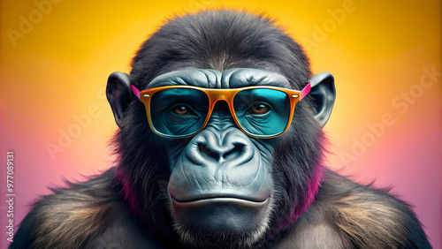 Calm gorilla in orange-pink sunglasses with blue lenses, set in a vivid sunset gradient backdrop. photo