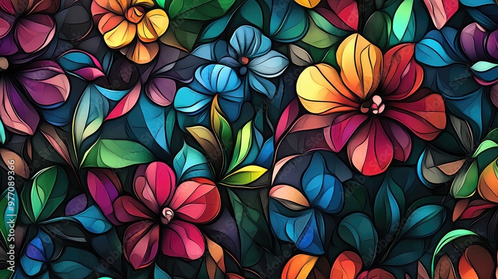 Vibrant floral design reminiscent of stained glass ideal for invitations notebook covers phone cases postcards cards wallpapers and other creative projects Vibrant floral design reminiscent of stained glass ideal for invitations notebook covers phone cases postcards cards wallpapers and other creative projects