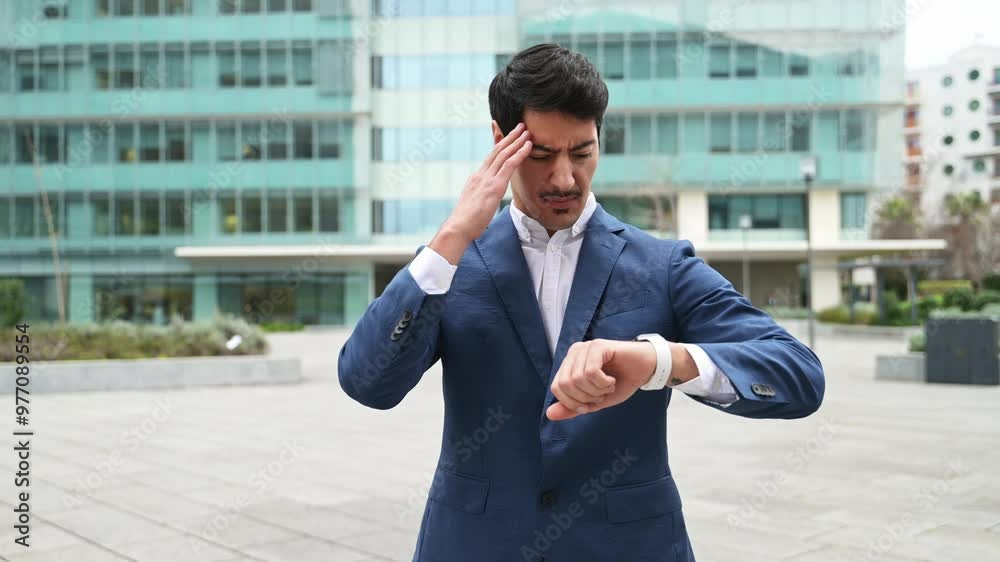 A Hispanic businessman in a blue suit looks concerned while checking the time on his watch outside a corporate building, representing the fast-paced nature of business, feels leak of time and deadline A Hispanic businessman in a blue suit looks concerned while checking the time on his watch outside a corporate building, representing the fast-paced nature of business, feels leak of time and deadline