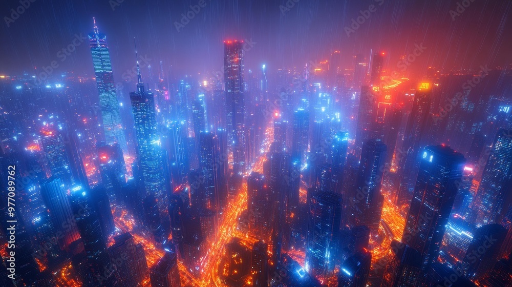 Obraz premium Neon-Lit Futuristic City Skyline at Night Generative AI