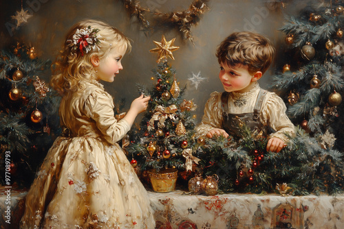 Christmas and New Year's card. Children at the Christmas tree. Holiday Christmas illustration in the style of a painting picture. 19th century style. Postcard. Ai generative.