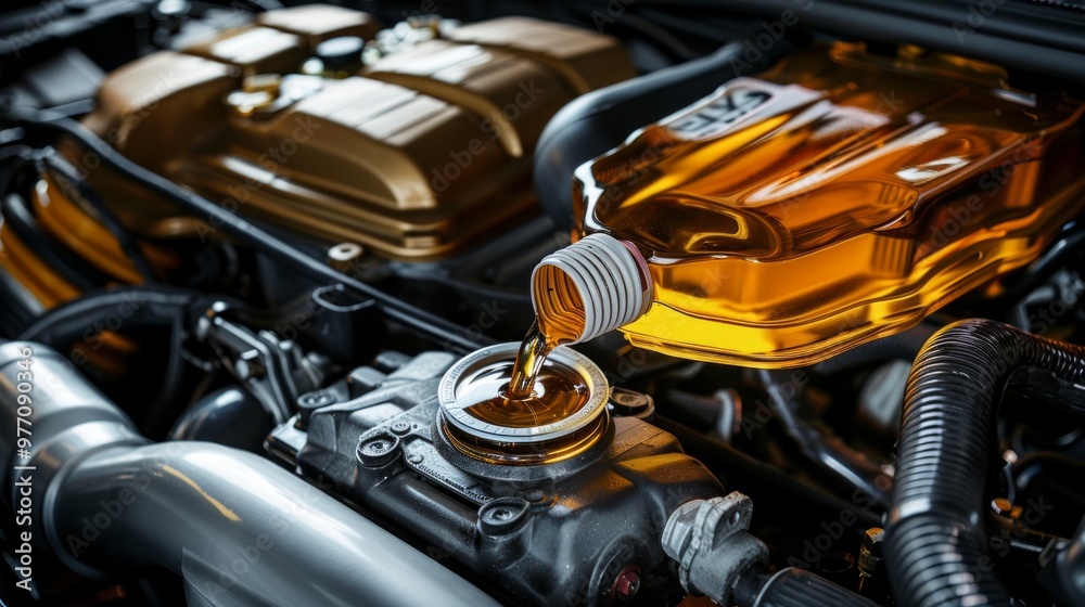 Fototapeta premium A person pours golden oil into a car engine at a tidy workshop. Maintenance process to ensure proper vehicle function with various components visible.
