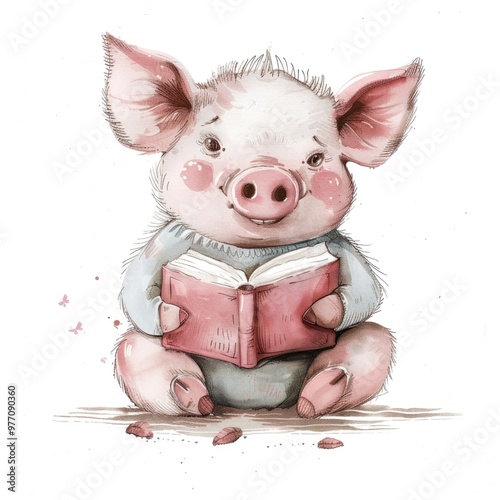 Adorable Cartoon Piglet Reading a Book Illustration in Pastel Colors