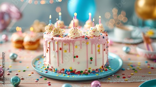 A festive birthday scene with a white cake, colorful sprinkles, candles, donuts, and balloons. Shows a cozy celebration ambiance with a focus on happiness and enjoyment.