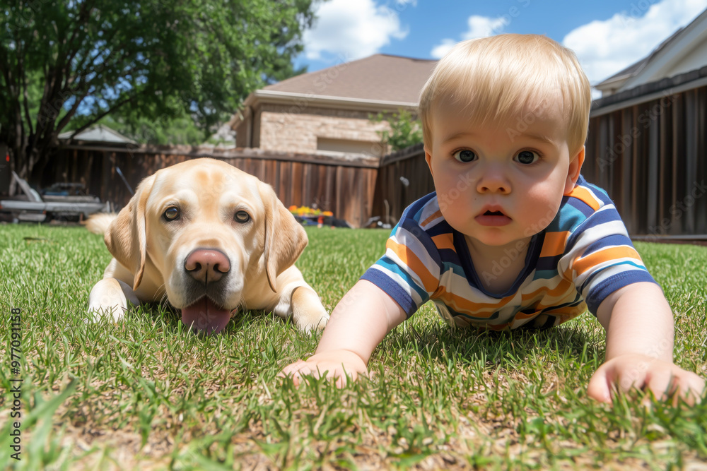 Baby crawling on grass next to a Labrador retriever. Baby crawling on grass next to a Labrador retriever.