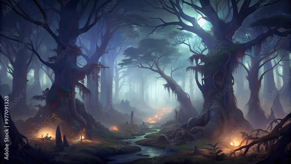 Mystical forest at night with glowing lights, twisted trees, and a winding stream in an enchanting atmosphere