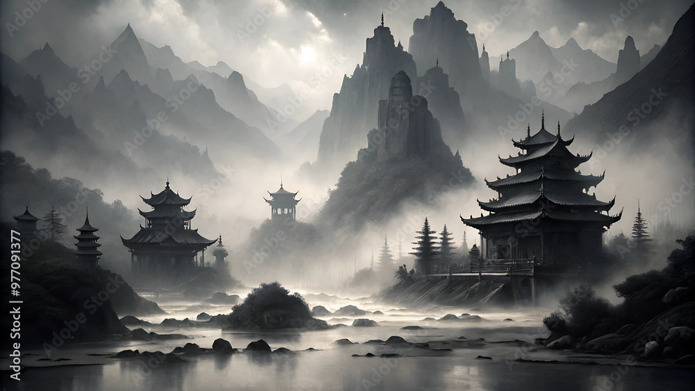 Mystical monochromatic landscape featuring ancient pagodas and mountains shrouded in mist Mystical monochromatic landscape featuring ancient pagodas and mountains shrouded in mist