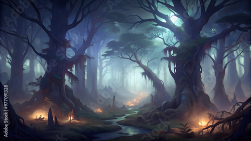 Mystical forest at night with glowing lights, twisted trees, and a winding stream in an enchanting atmosphere