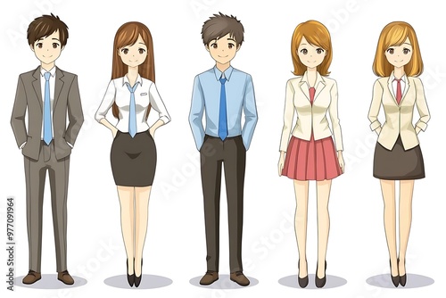 Illustration of Five Anime Characters Dressed in Business Attire.