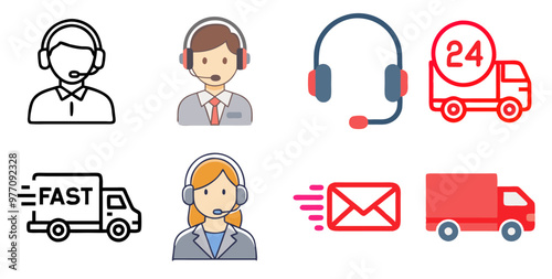 Set of Red Delivery Service Icons, Operators, headset, delivery truck, letter, phone