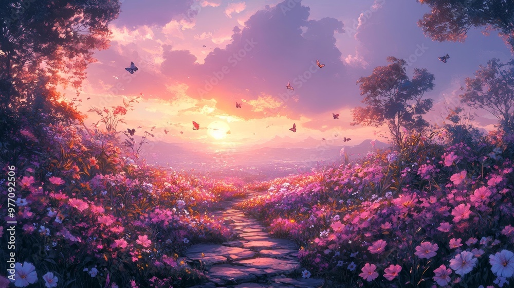 Dreamy Sunset Meadow with Butterflies Generative AI Dreamy Sunset Meadow with Butterflies Generative AI