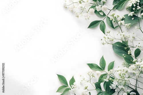White flower ann geen branches on white painted wooden planks. Selective focus. Copy space. Beige background