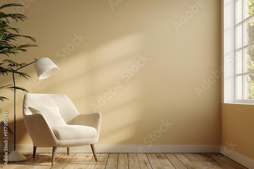 High resolution Beige room with cement wall and floor background with soft shadow from window on empty concrete wall. Aesthetic boho architecture interior. Creative product mockup
