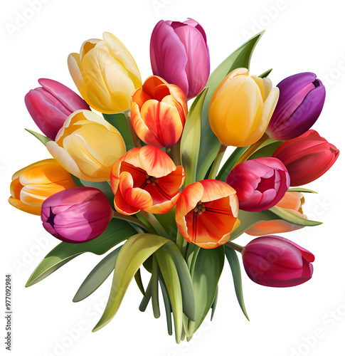 A vibrant bouquet of tulips is displayed against a clean png transparent backdrop, adding a pop of color and natures beauty to the setting