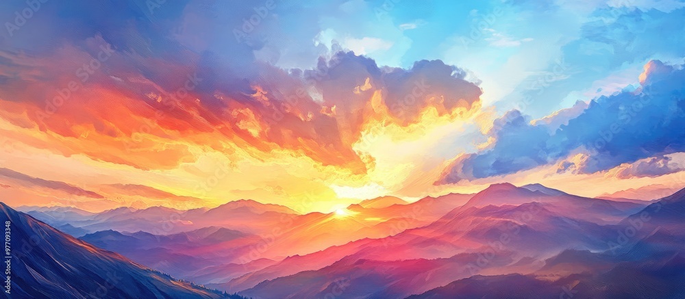 Vibrant sunset over a mountain range with dramatic clouds illuminating the sky in warm hues Vibrant sunset over a mountain range with dramatic clouds illuminating the sky in warm hues