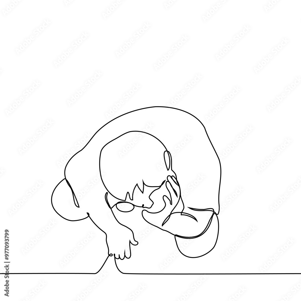 man squatting with chin in hand top view - one line art vector man squatting with chin in hand top view - one line art vector