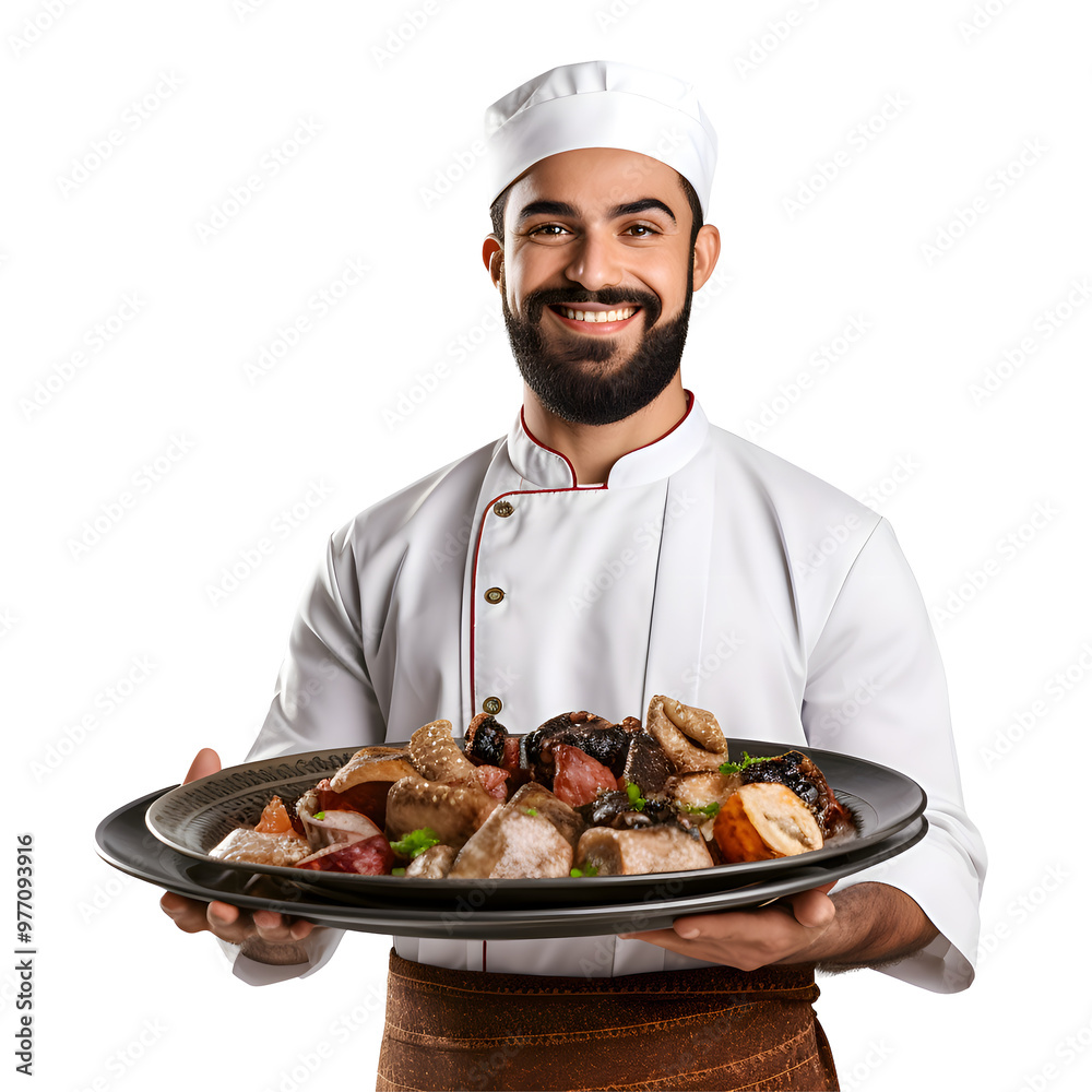 Cheerful mature Arab cook posing and smiling at camera, chef in an apron png format on transparent background Cheerful mature Arab cook posing and smiling at camera, chef in an apron png format on transparent background