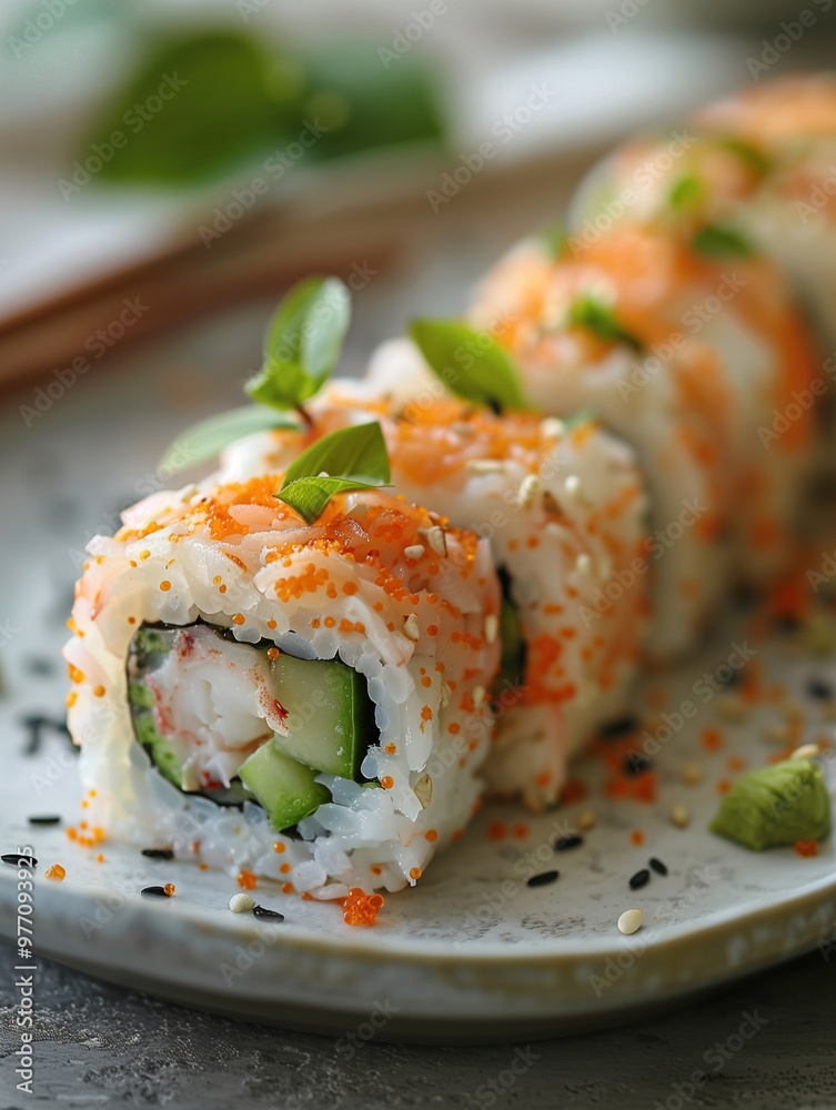 Japanese California Roll sushi with crab, avocado, and sesame on speckled ceramic plate, close up Japanese California Roll sushi with crab, avocado, and sesame on speckled ceramic plate, close up