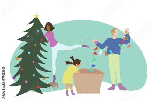 family decorates christmas tree with toys from box - flat style. mom, dad, daughter on the eve of new year