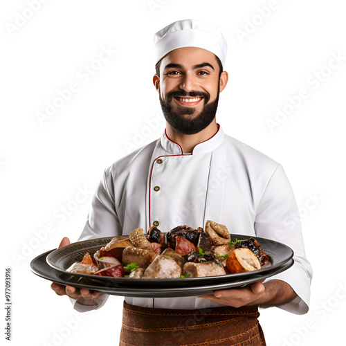 Cheerful mature Arab cook posing and smiling at camera, chef in an apron png format on transparent background