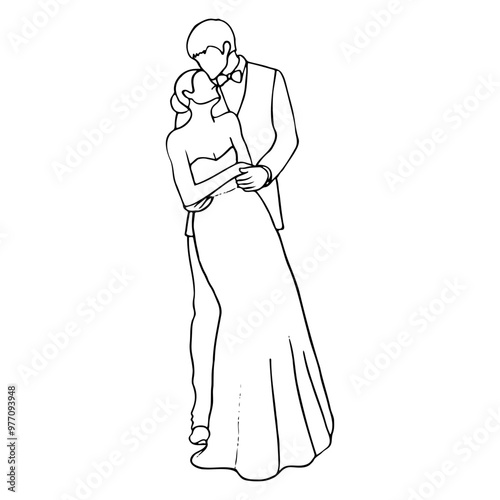 man and a woman stand hugging and touching heads - hand drawn doodle