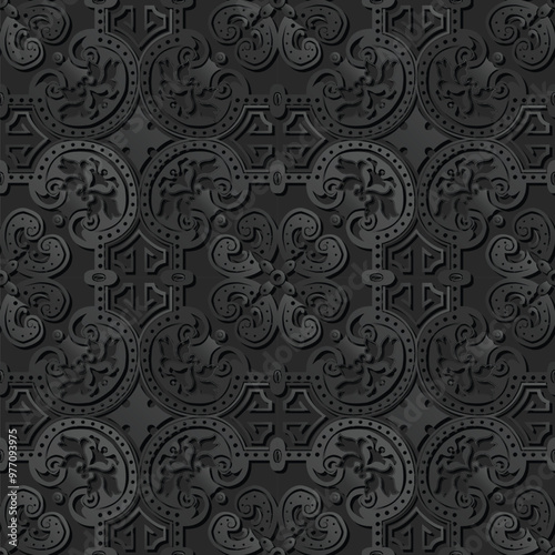 A seamless dark patterned texture featuring intricate designs and shapes, suitable for backgrounds or graphic projects.