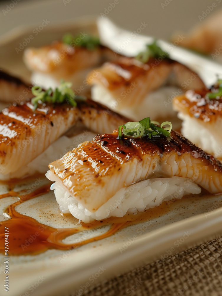 Saltwater eel Anago Nigiri sushi served with rich glaze in a fine dining setting Saltwater eel Anago Nigiri sushi served with rich glaze in a fine dining setting
