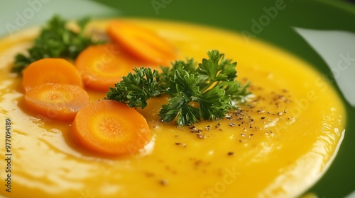 Wallpaper Mural Creamy carrot soup garnished with parsley and carrots exudes warmth in a cozy, inviting setting. Torontodigital.ca