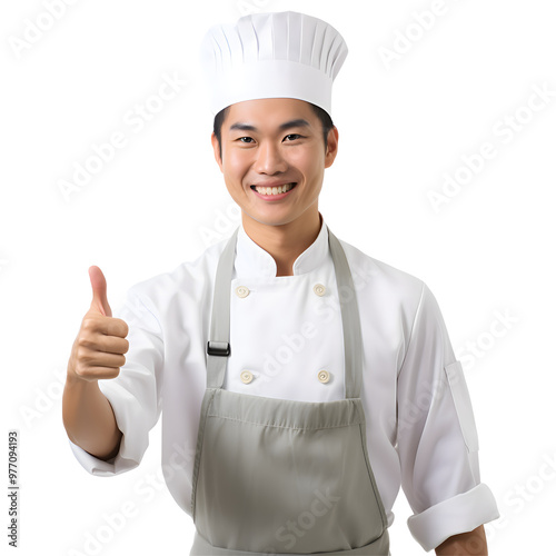 Cheerful mature Asian cook man posing holding a tray with cake and smiling at camera, chef in an apron png format on transparent background