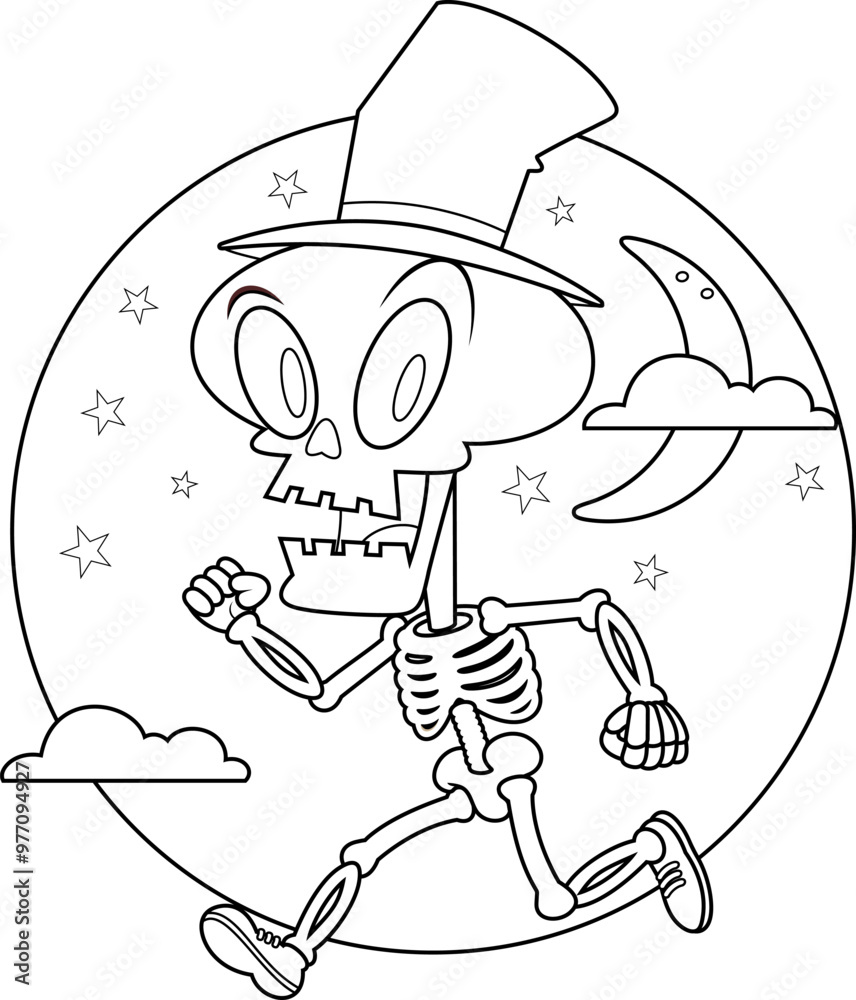 Fototapeta premium Outlined Cute Halloween Skeleton Ghost Cartoon Character Running In The Night. Vector Hand Drawn Illustration Isolated On Transparent Background
