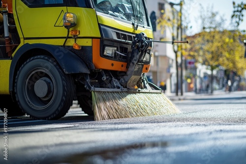 Street sweeper cleaning urban road on sunny day