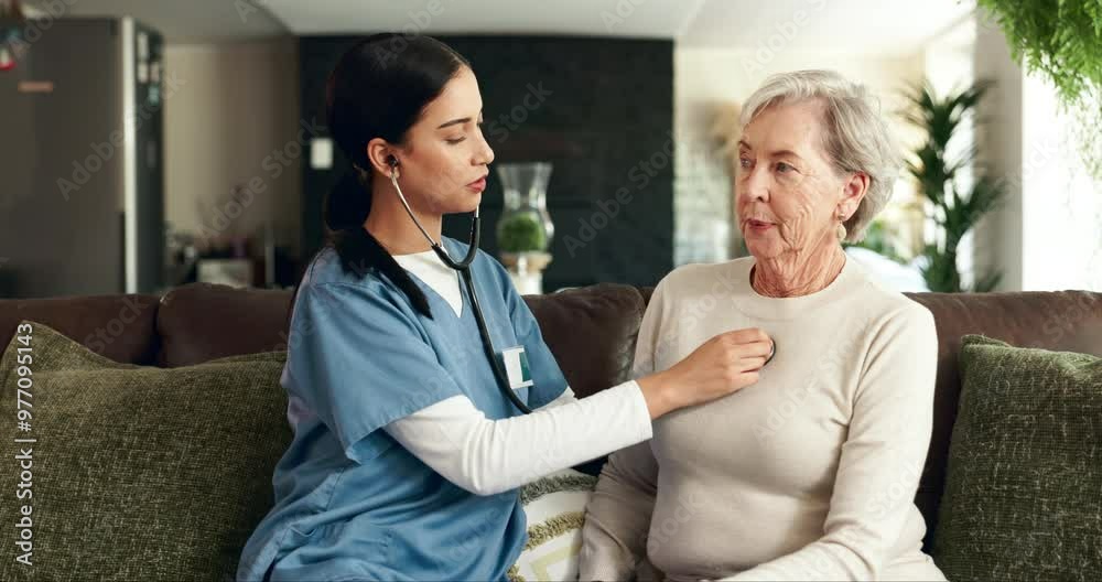 Home, nurse and old woman on sofa, consultation and conversation for disease, checkup and advice. Apartment, caregiver and senior patient with help, medical and talk with professional and cardiology Home, nurse and old woman on sofa, consultation and conversation for disease, checkup and advice. Apartment, caregiver and senior patient with help, medical and talk with professional and cardiology