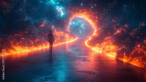 Surreal Sci-Fi Path Through Fiery Galaxy Generative AI