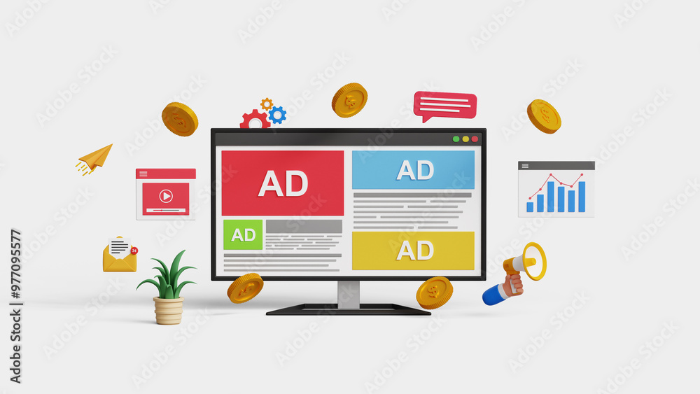 Digital marketing strategy concept. Ads, SEO, PPC, Online advertising, website ads, social media campaign. 3D computer with digital marketing strategy analysis dashboard Digital marketing strategy concept. Ads, SEO, PPC, Online advertising, website ads, social media campaign. 3D computer with digital marketing strategy analysis dashboard