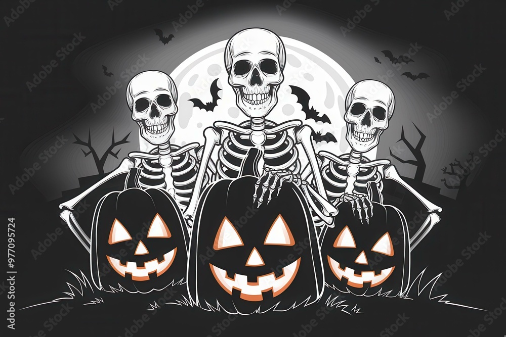 Three Playful Skeletons with Jack-o'-Lanterns on Halloween Night - Whimsical Halloween Skeleton Illustration Three Playful Skeletons with Jack-o'-Lanterns on Halloween Night - Whimsical Halloween Skeleton Illustration