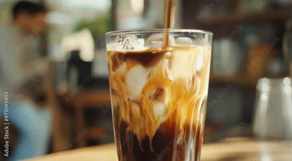 Scene shown near a glass filled with iced coffee and caramel, Camera slow motion with different angles