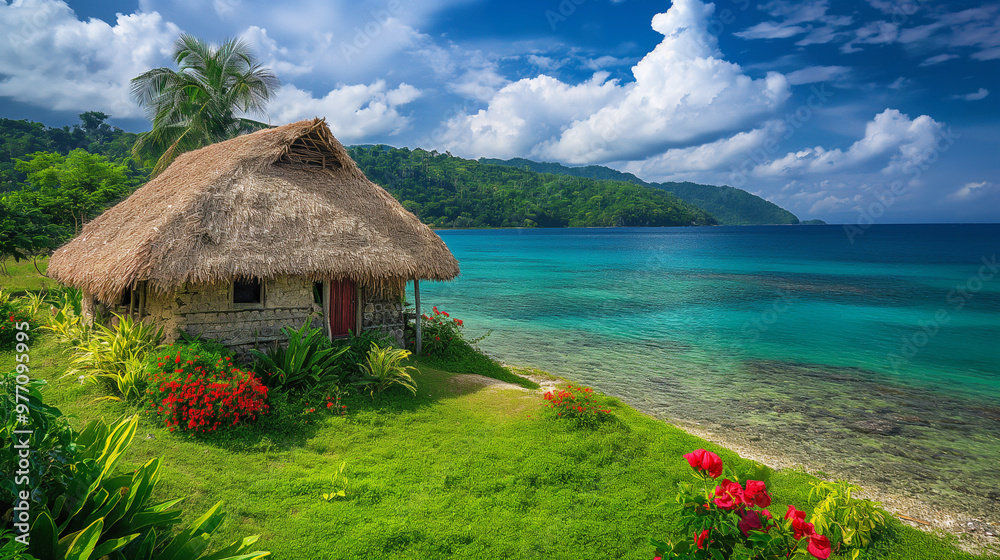 Idyllic tropical beach hut with thatched roof by crystal clear ocean Idyllic tropical beach hut with thatched roof by crystal clear ocean