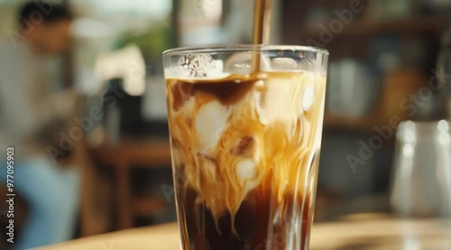 Scene shown near a glass filled with iced coffee and caramel, Camera slow motion with different angles