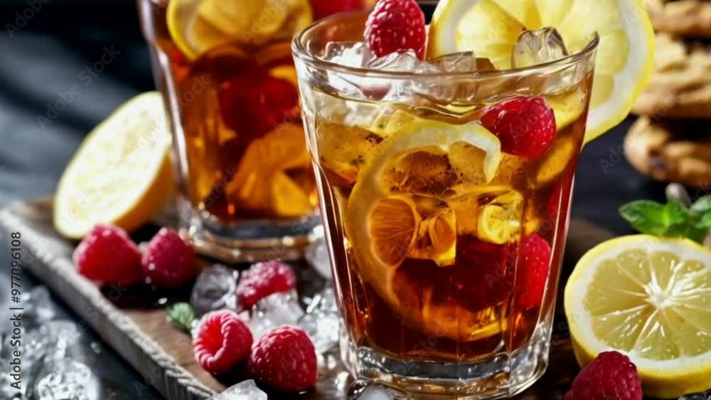 Iced tea with lemon slices and raspberry chip cookies on rustic High quality HD 4K video clips drink, glass, ice, tea, cocktail, lemon, beverage, cold, fruit, isolated, orange, alcohol, cola, 