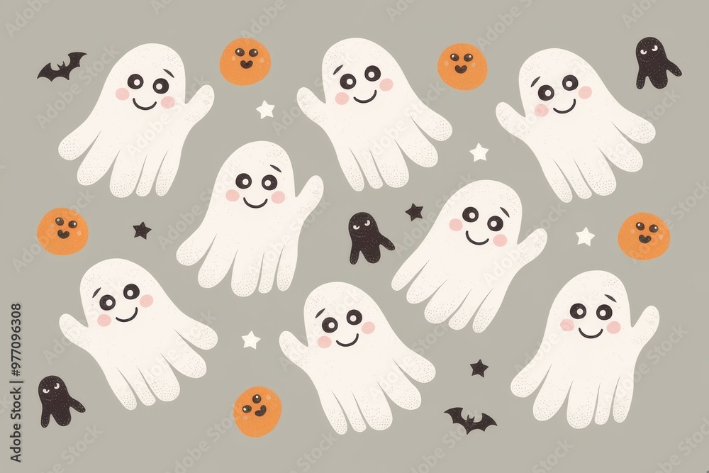 Cute Cartoon Ghosts with Smiles and Halloween Elements - Playful Halloween Illustration for Kids Cute Cartoon Ghosts with Smiles and Halloween Elements - Playful Halloween Illustration for Kids