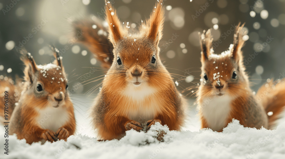 Three cute squirrels sitting in the snow during winter with a bokeh background Three cute squirrels sitting in the snow during winter with a bokeh background